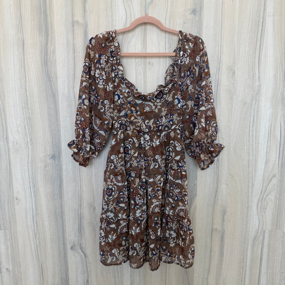 Womens Tiered Ruffle Mini Dress Small Brown Floral‎ Cottage Boho Earthy Prairie